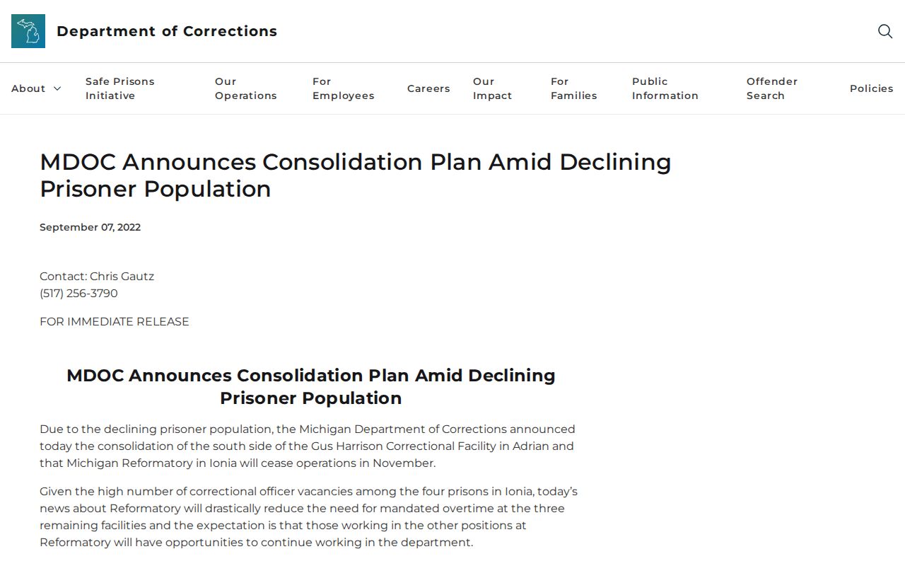 Gus Harrison Correctional Facility south side consolidation release context