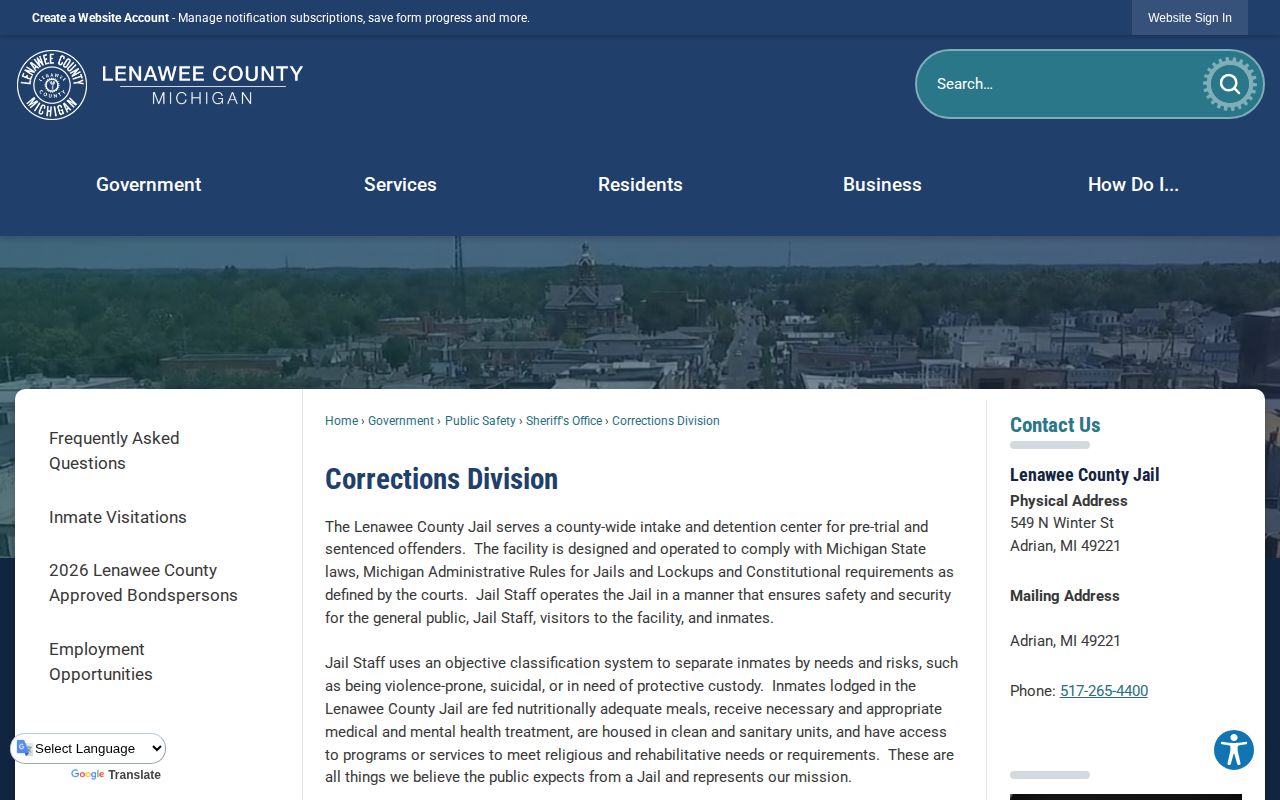 Lenawee County 24-hour release fallback on the Corrections Division page