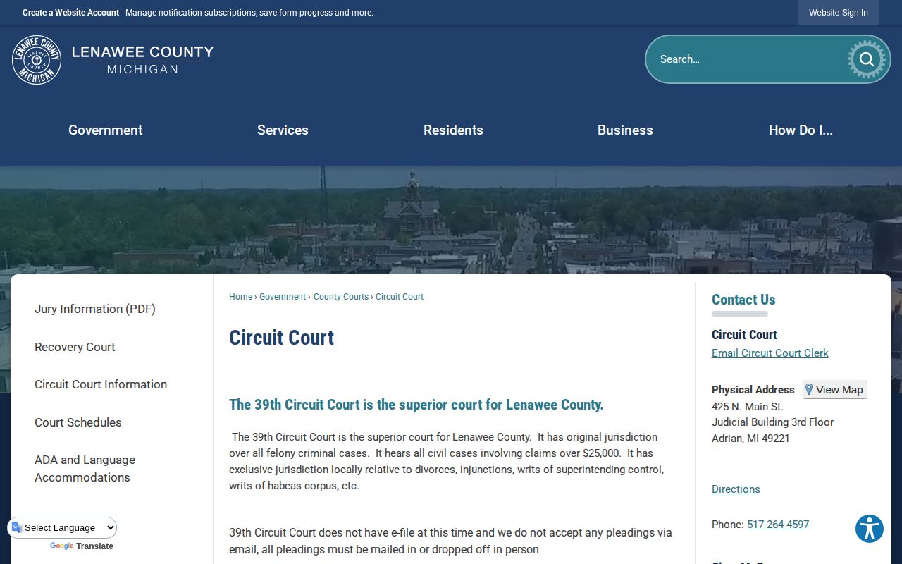Lenawee County 72-hour release context from 39th Circuit Court