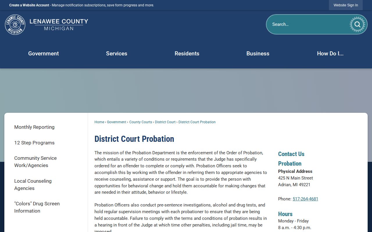 Lenawee County Jail release and District Court probation information