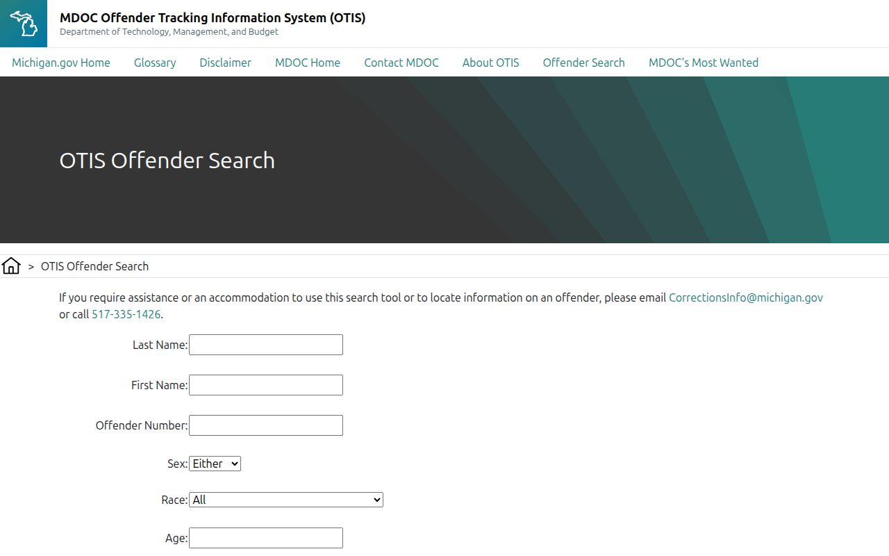 Lenawee County released inmate search fields in Michigan OTIS
