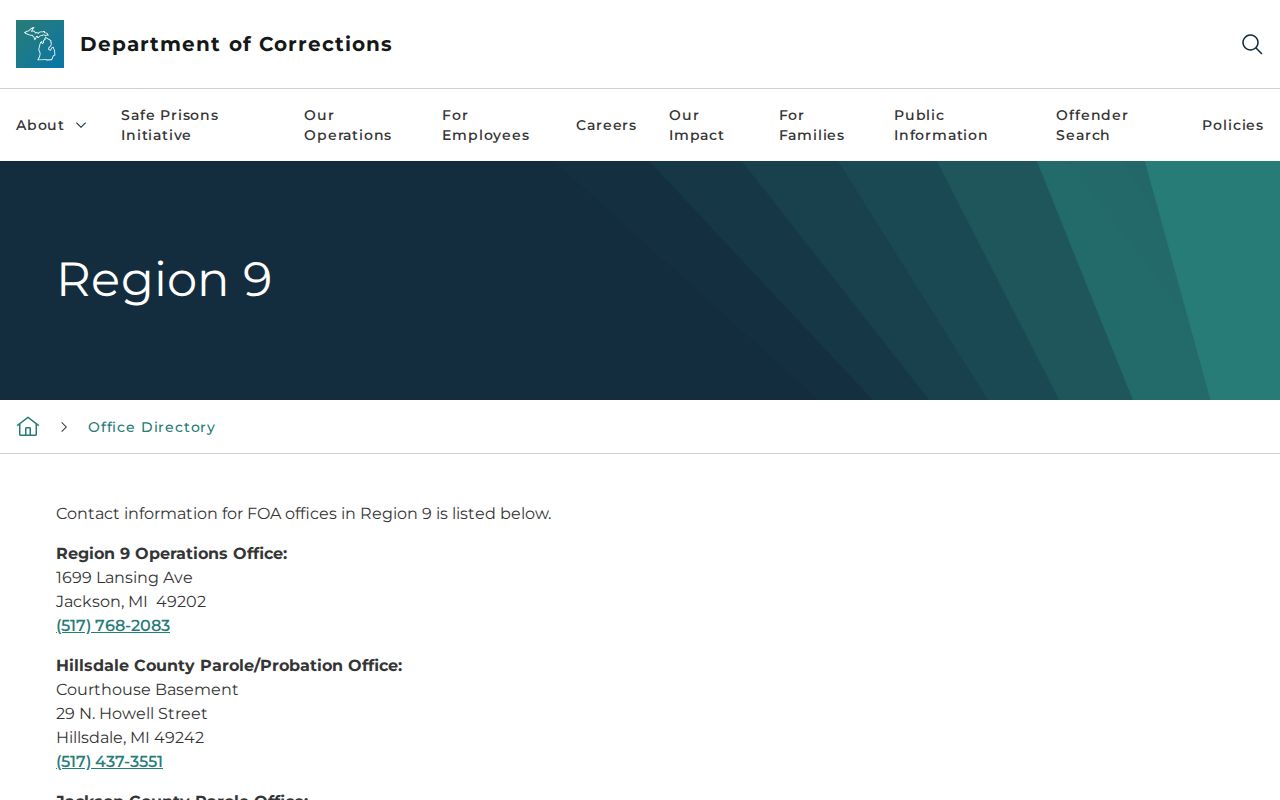 Lenawee County parole and probation Region 9 office directory